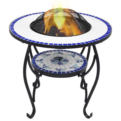 26.8" Blue and White Round Mosaic Fire Pit Table with Ceramic Top, Steel Bowl