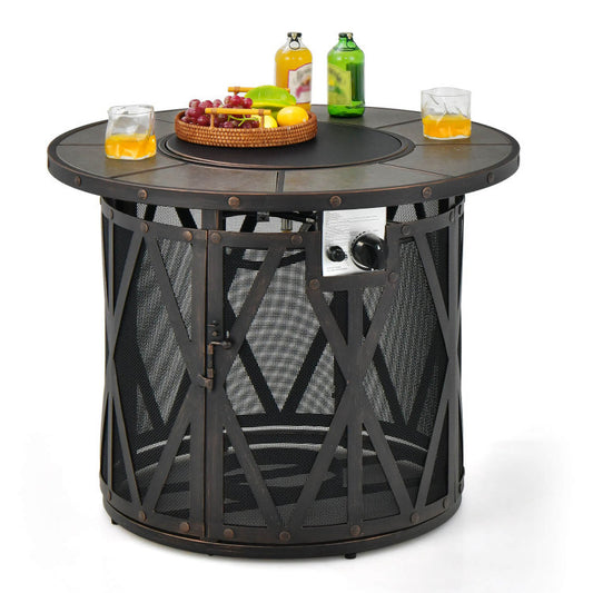 32" 30,000 BTU Round Fire Pit Table with Fire Glass and Ceramic Tile Top