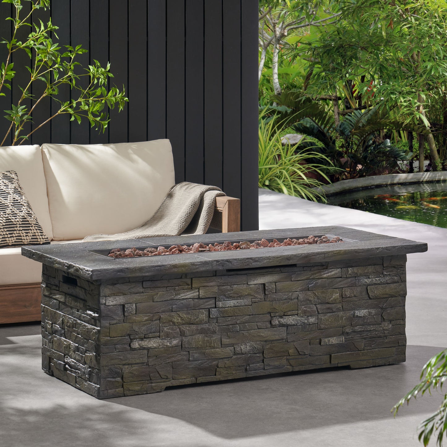 Concrete Fire Table, Rectangle Gas Burning Fire Pit, Grey (56" x 26.25" x 18.75")