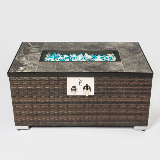 Outdoor Rectangle Brown Wicker Fire Pit Table with Ceramic Tile Top + Matching Propane Tank Cover, 40,000 BTU, (32" W x 20" D x 15" H)