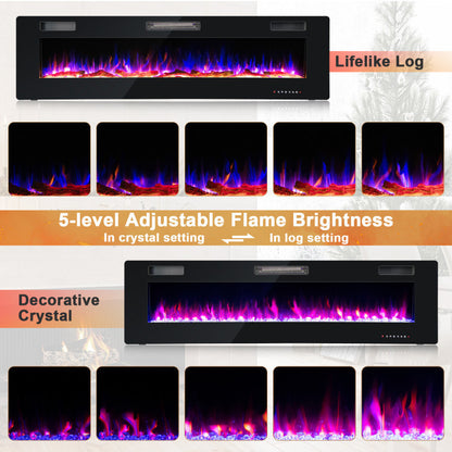 68" Ultra-Thin Electric Fireplace Recessed Wall Mounted with Crystal Log Decoration