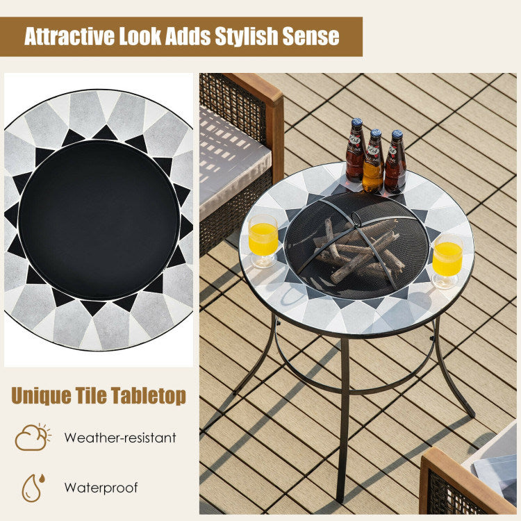 25.5" Multi-Purpose 2-in-1 Round Outdoor Fire Pit Table Black Steel Frame