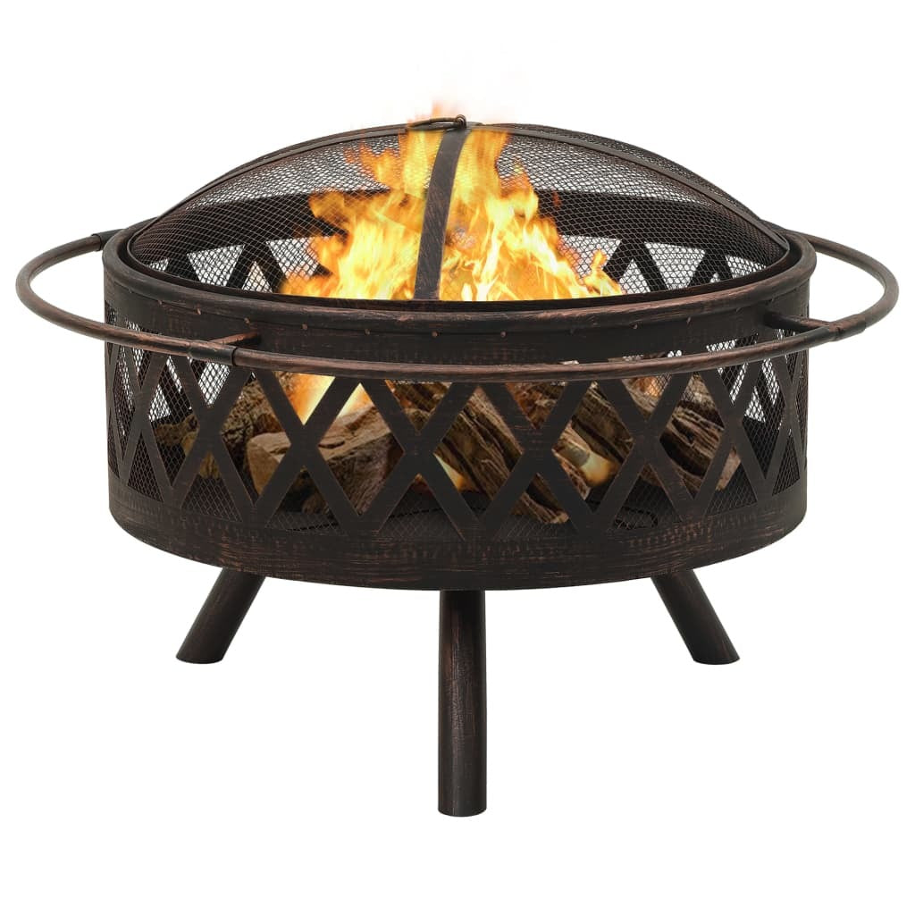 29.9" Rustic Fire Pit with Poker XXL Steel (29.9" x 29.9" x 20.9"), Black/Brown