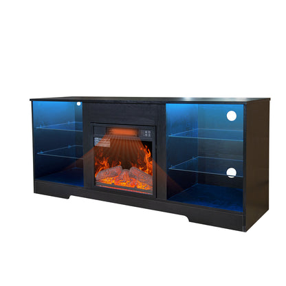 58" Electric Fireplace Center with 18 Inch Electric Fireplace Heater for TVs up to 62 Inches, Adjustable Glass Shelves and Storage Cabinets, Black