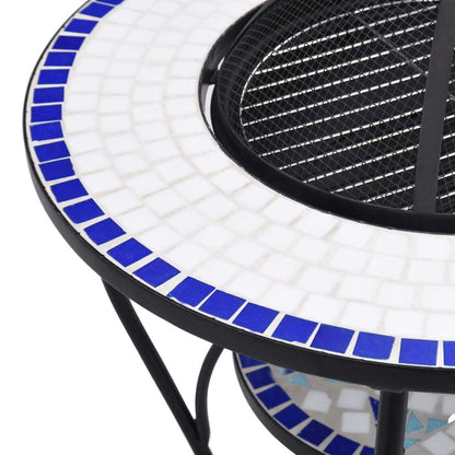 26.8" Blue and White Round Mosaic Fire Pit Table with Ceramic Top, Steel Bowl