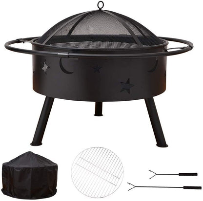 32" Outdoor Wood Burning Cooking Fire Pit with Spark Screen & Cover, Black