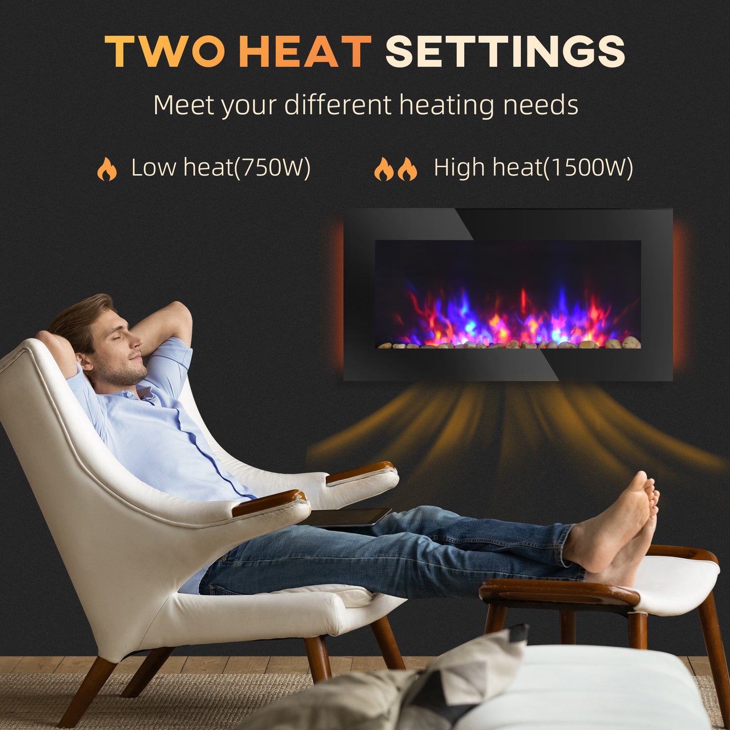 36" Electric Wall-Mounted Fireplace, 1500W with Flame Effect, 7 Color Background Light and Side Light, Black