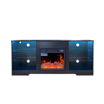 58" Electric Fireplace Center with 18 Inch Electric Fireplace Heater for TVs up to 62 Inches, Adjustable Glass Shelves and Storage Cabinets, Black