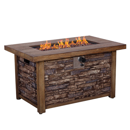 Rectangle Fire Pit Table, Faux Woodgrain Top & Stone Texture Base, 50,000 BTU (43.5" W x 27.36" H x 23.8" D)