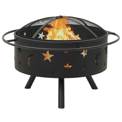 29.9" Moon & Stars XXL Steel Fire Pit with Poker, (29.9" x 29.9" x 20.9"), Black