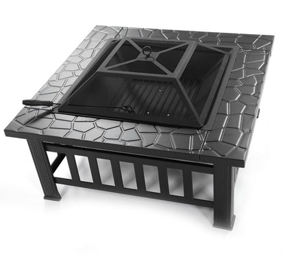 Square Metal Fire Pit Table, Outdoor Heating & Fireplace, Black (32" x 32" x 14")