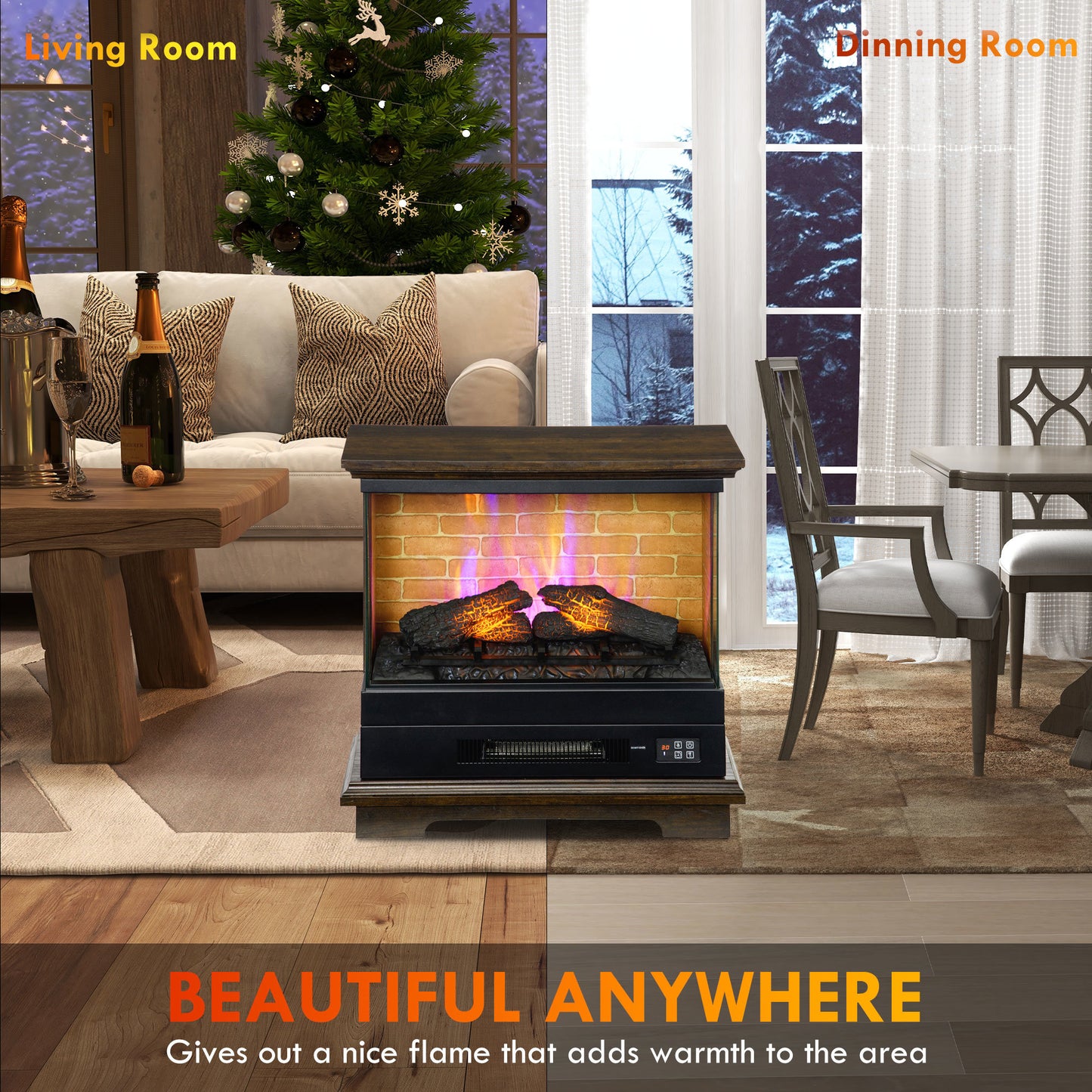 26" Electric Fireplace Stove with Remote Control, 12H Timer, Brown