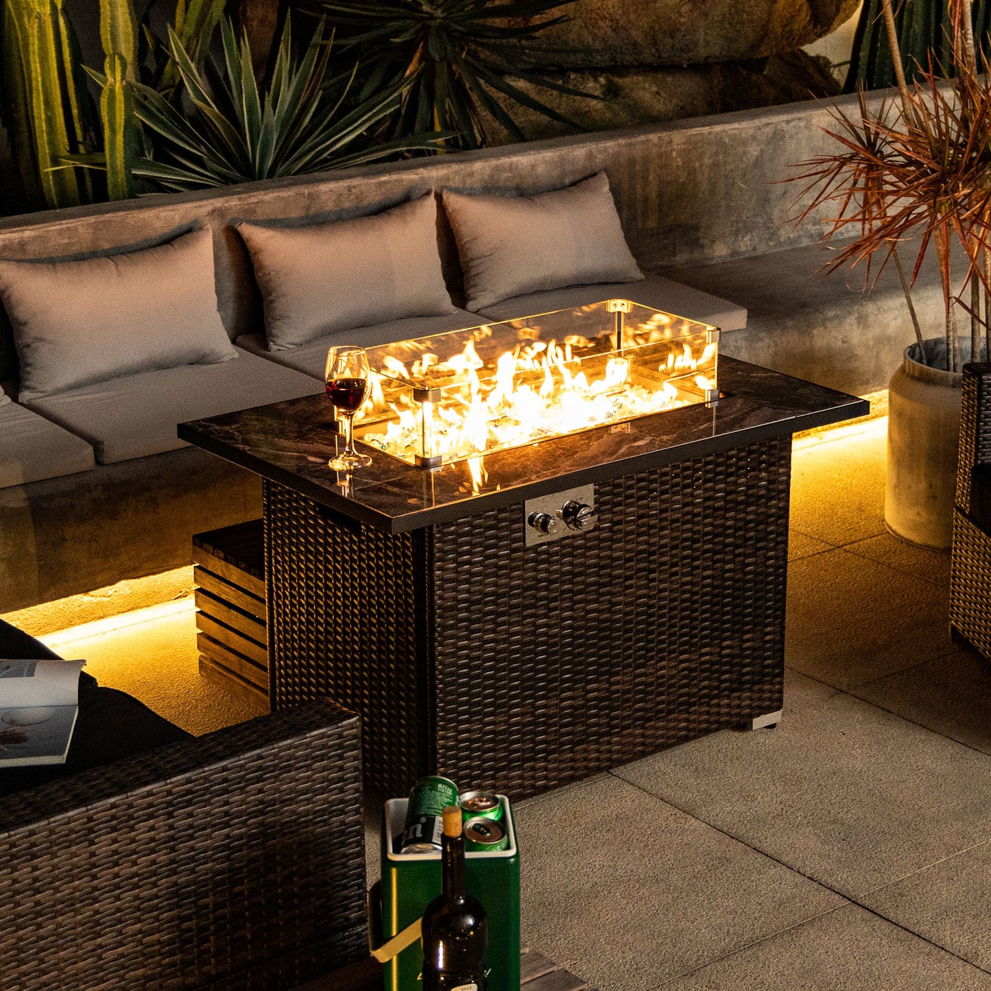 Espresso Wicker Propane Fire Pit Table with Ceramic Tile Top, 50,000 BTU (43.3" W x 26" H x 24.8" D)