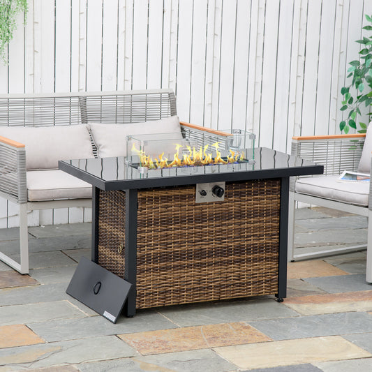 Outdoor Propane Gas Fire Pit Table, 50,000 BTU Auto-Ignition Wicker Gas Firepit with Glass Wind Guard, Brown (43" L x 22" W x 24.75" H)