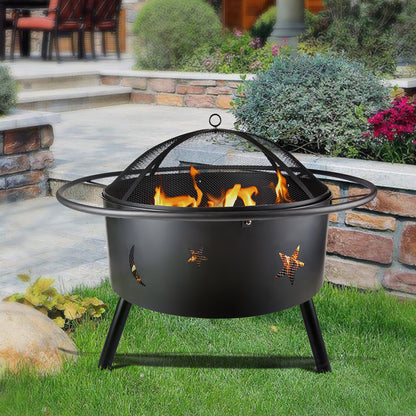 24" Black Iron Fire Pit with Moons and Stars Cutout Design & Cooking Grate