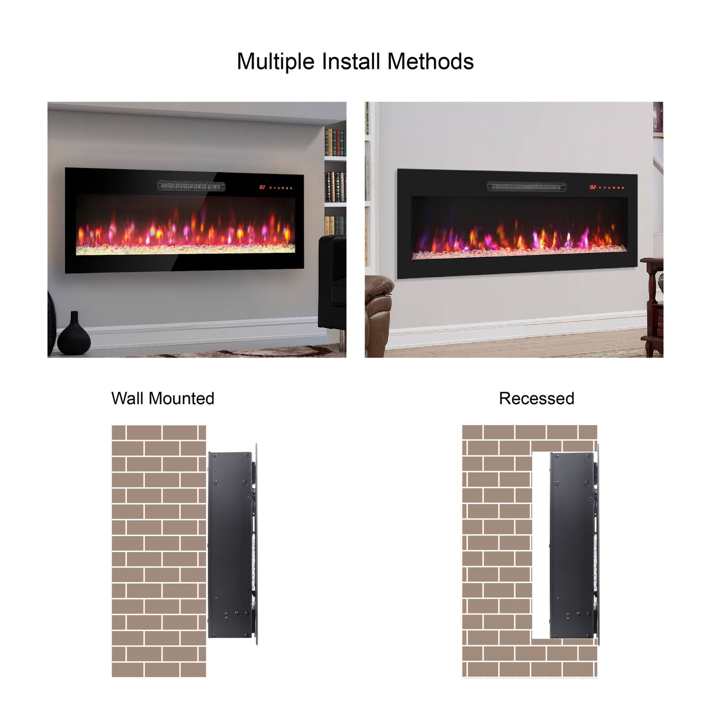 60" Recessed Ultra Thin Wall Mounted Electric Fireplace with Remote and Multi-Color Flame & Ember Bed, LED Light Heater, Antique Black