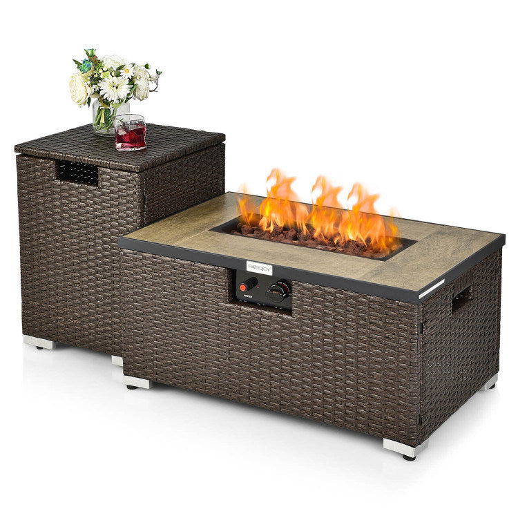 Propane Rattan Fire Pit Table Set with Side Table Tank, 40,000 BTU, Brown (32" W x 20" D x 16" H)