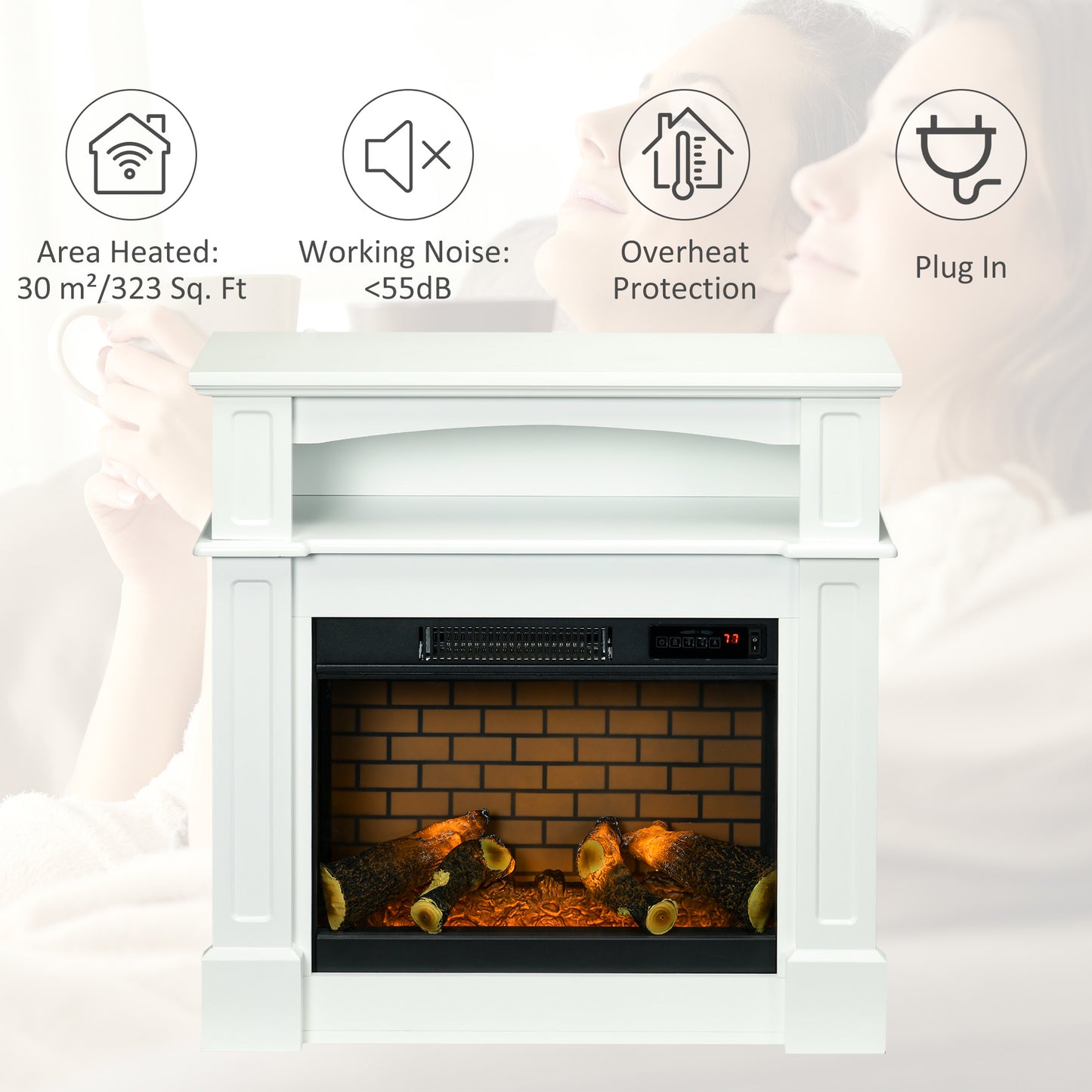 32" Electric Fireplace with Mantel, Freestanding Heater with LED Log Flame, Shelf and Remote Control, 700W/1400W, White