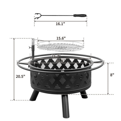 30" Outdoor Metal Cooking Fire Pit with 360° Swivel Grill, Black