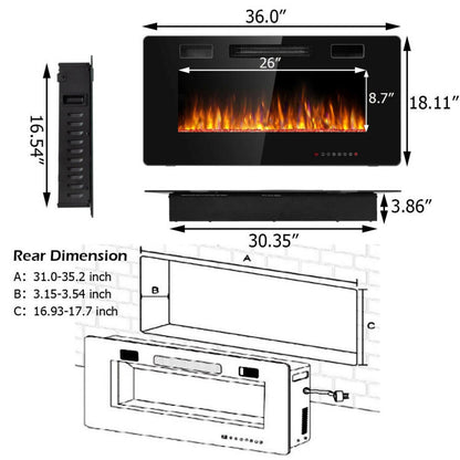 36" Ultra Thin Wall Mounted Electric Fireplace, 750W/1500W, Black