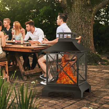 24" Pagoda-Style Steel Wood-Burning Fire Pit with Log Grate and Poker (24" x 24" x 40"), Black