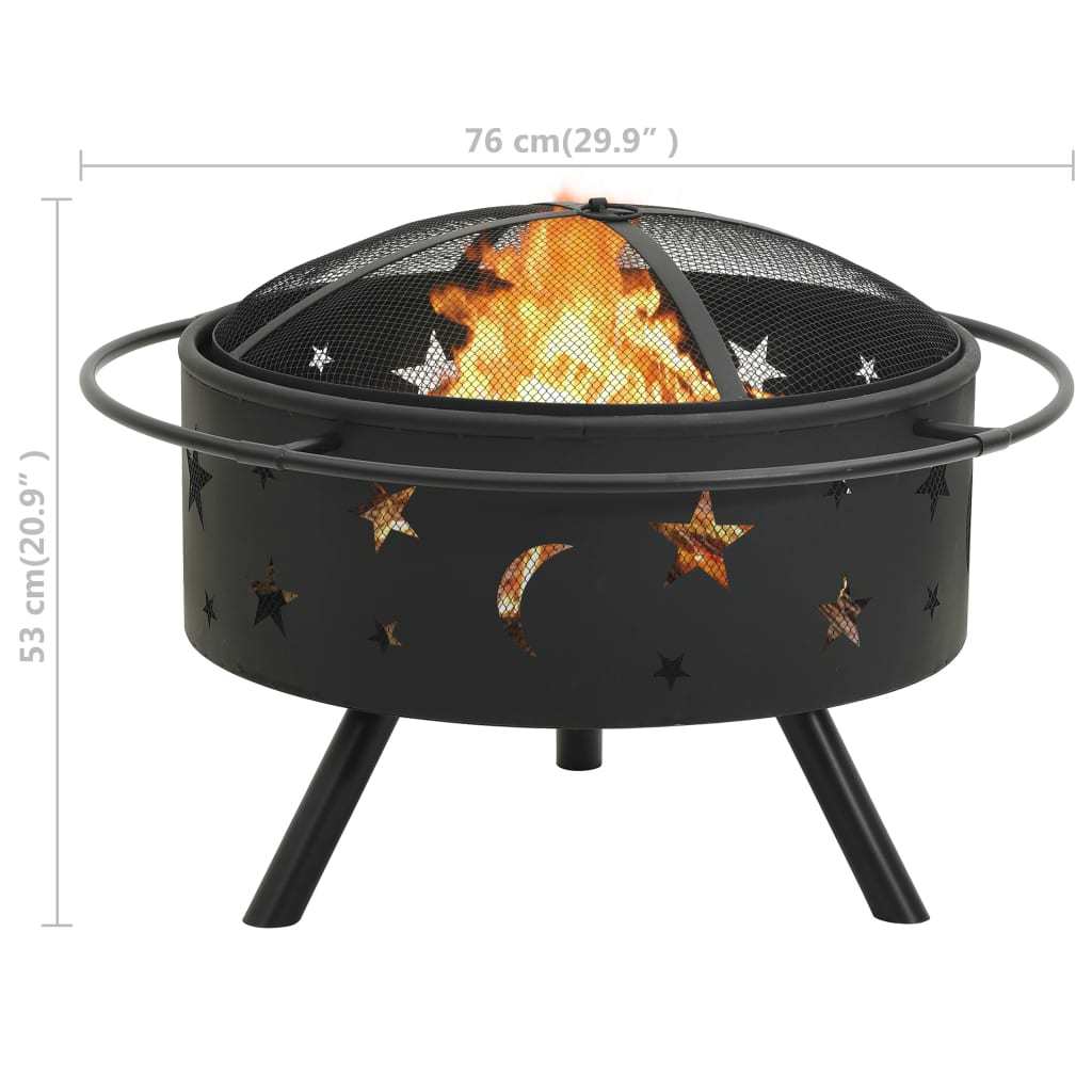 29.9" Moon & Stars XXL Steel Fire Pit with Poker, (29.9" x 29.9" x 20.9"), Black