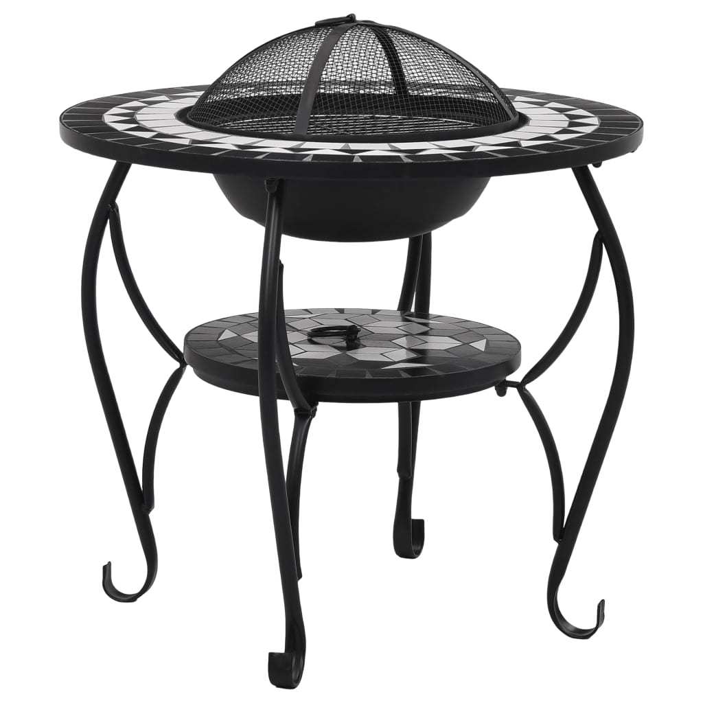 26.8" Black and White Round Mosaic Fire Pit Table with Ceramic Top, Steel Bowl