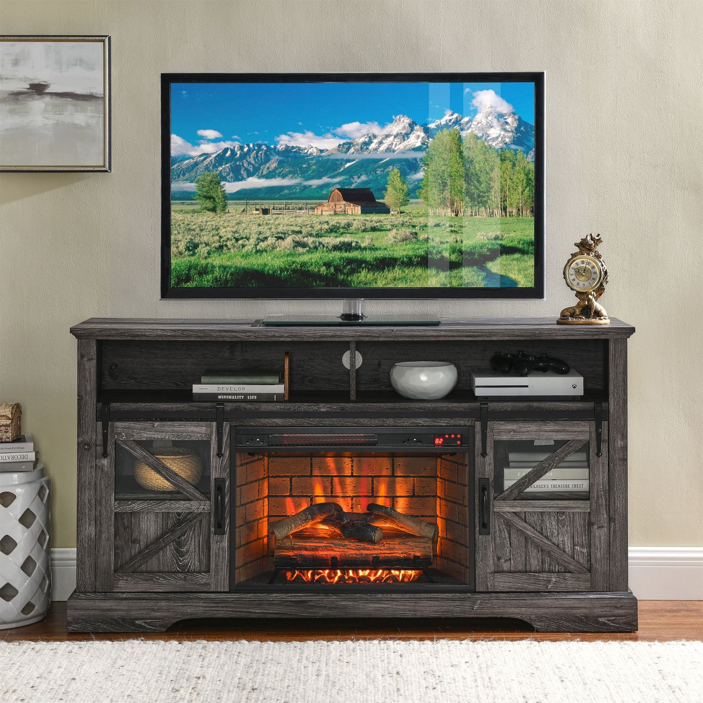 60" Electric Fireplace Entertainment Center With Door Sensor-Dark Rustic Oak