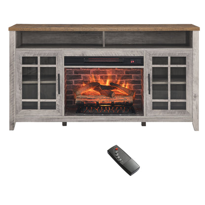 55" TV Media Stand with Electric Fireplace KD Inserts Heater, Gray Wash