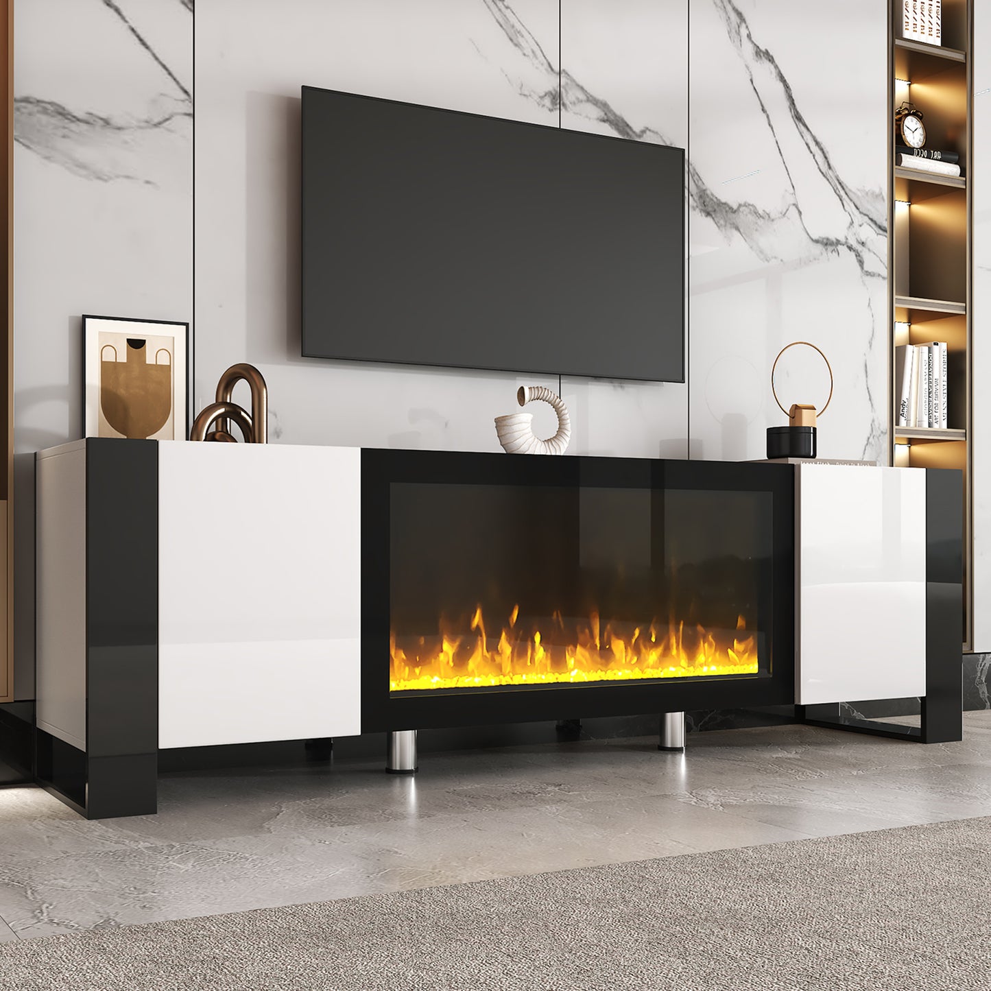 68" Non-heating Electric Fireplace Center, High Gloss Entertainment Center with 34" Electric Fireplace for TVs up to 78", White