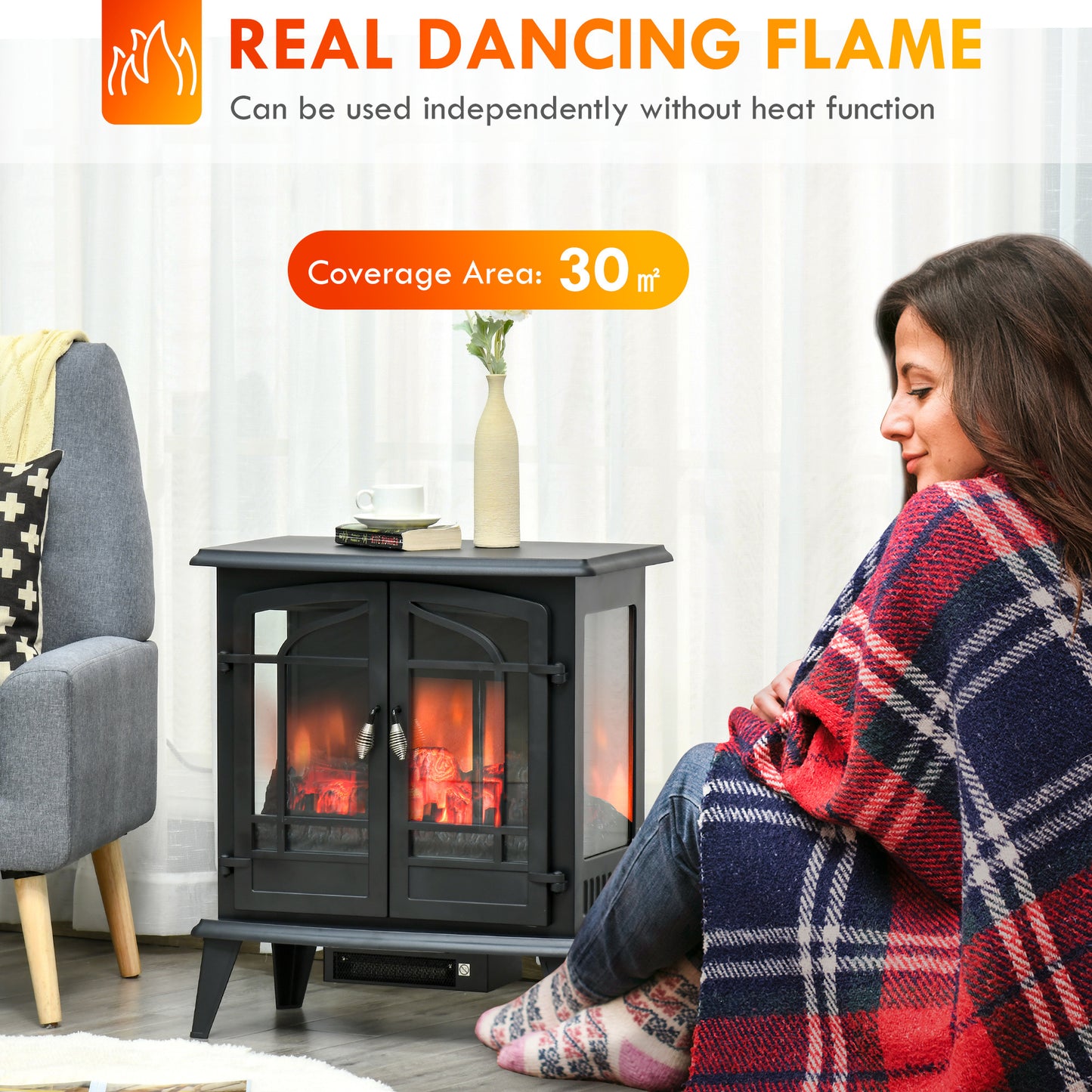 29" Electric Fireplace Heater, Freestanding Stove with Realistic LED Log Flames, Black