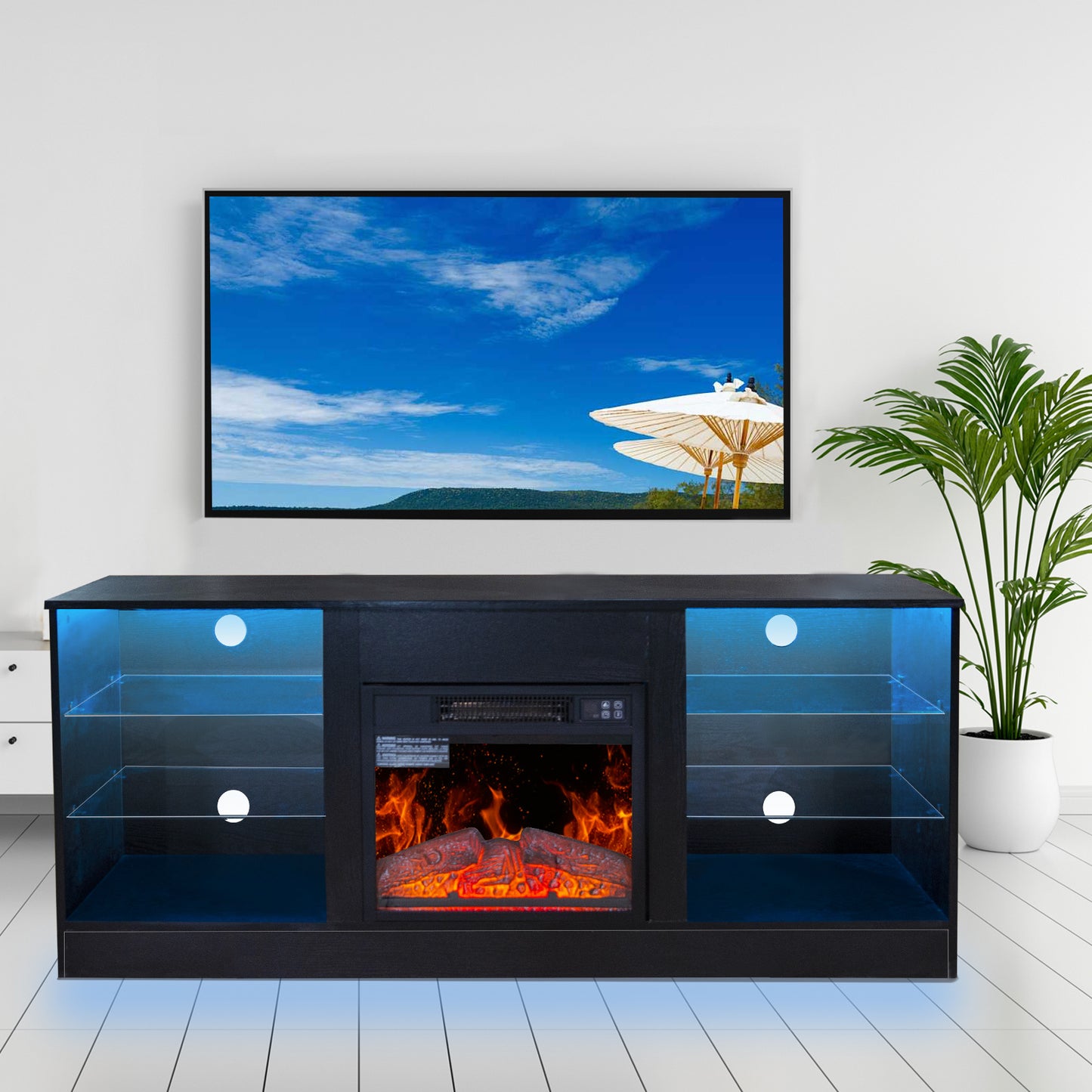 58" Entertainment Center With 18" Electric Fireplace Heater for TVs up to 62", (Black)