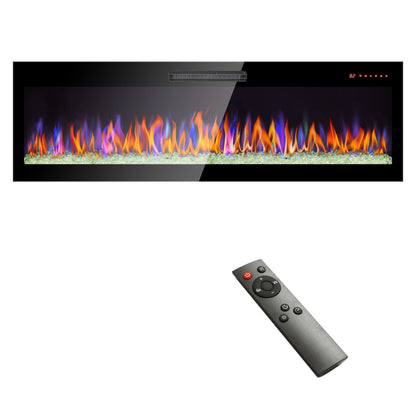 60" Recessed Ultra Thin Wall Mounted Electric Fireplace with Remote and Multi-Color Flame & Ember Bed, LED Light Heater, Antique Black