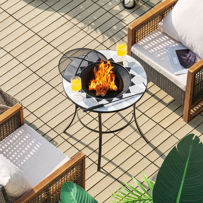 25.5" Multi-Purpose 2-in-1 Round Outdoor Fire Pit Table Black Steel Frame