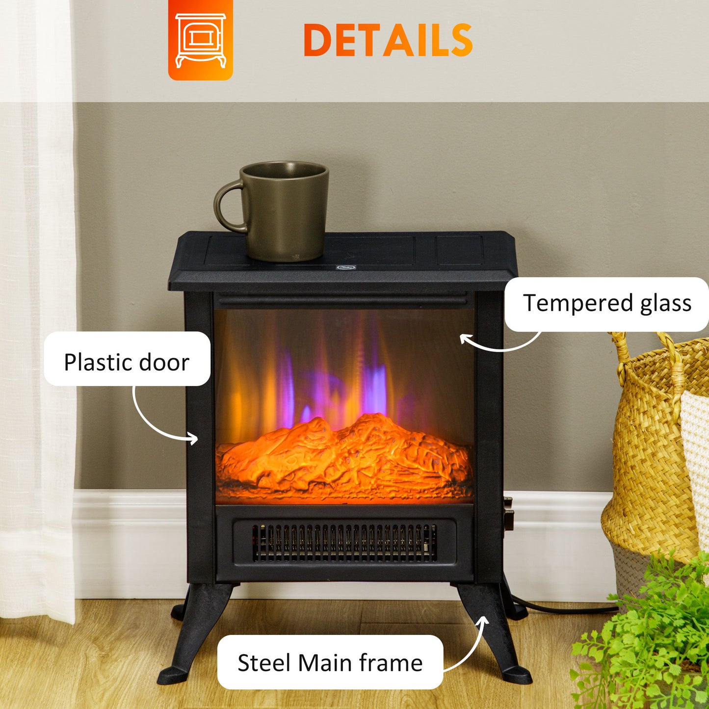 17" Electric Fireplace Stove with Two Heating Modes, Realistic Logs, LED Flame, Black