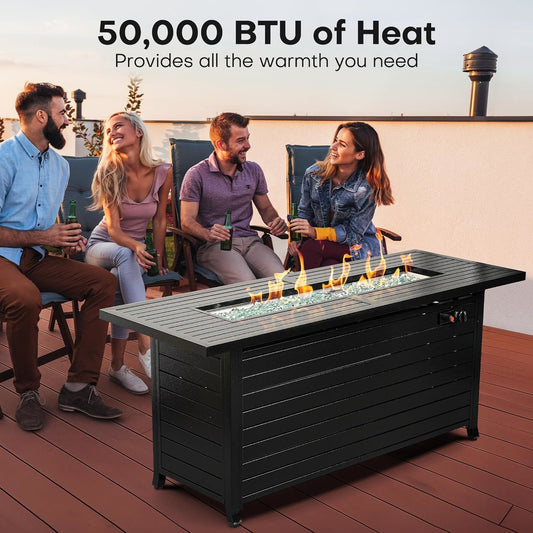 Propane Fire Pit Table, 50,000 BTU, 2 in 1 Rectangular Firepit Tabletop with Lid, Wind Guard, Glass Beads, Aluminum, Mocha (57" W x 24" H x 25" D)