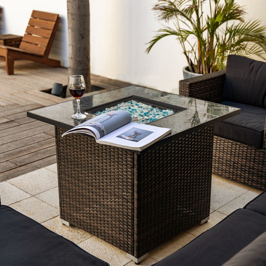 Espresso Wicker Square Propane Fire Pit Table with Ceramic Tile Top, 40,000 BTU, (30" W x 30" D x 24.8" H)