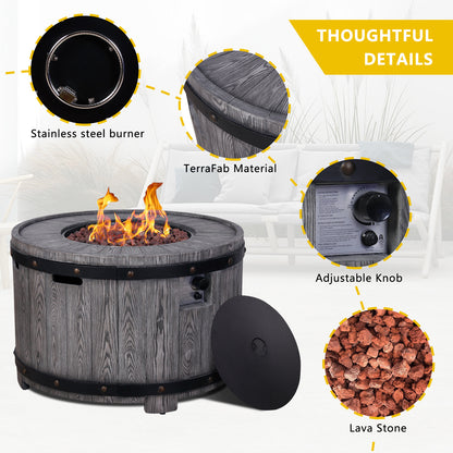 36" Wood Grain Gas Round Fire Pit Table, 50,000 BTU, Antique Black, Ready to Use