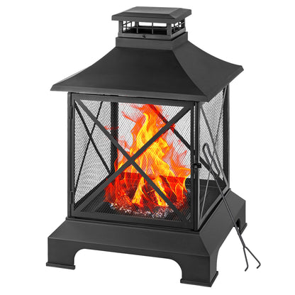 24" Pagoda-Style Steel Wood-Burning Fire Pit with Log Grate and Poker (24" x 24" x 40"), Black