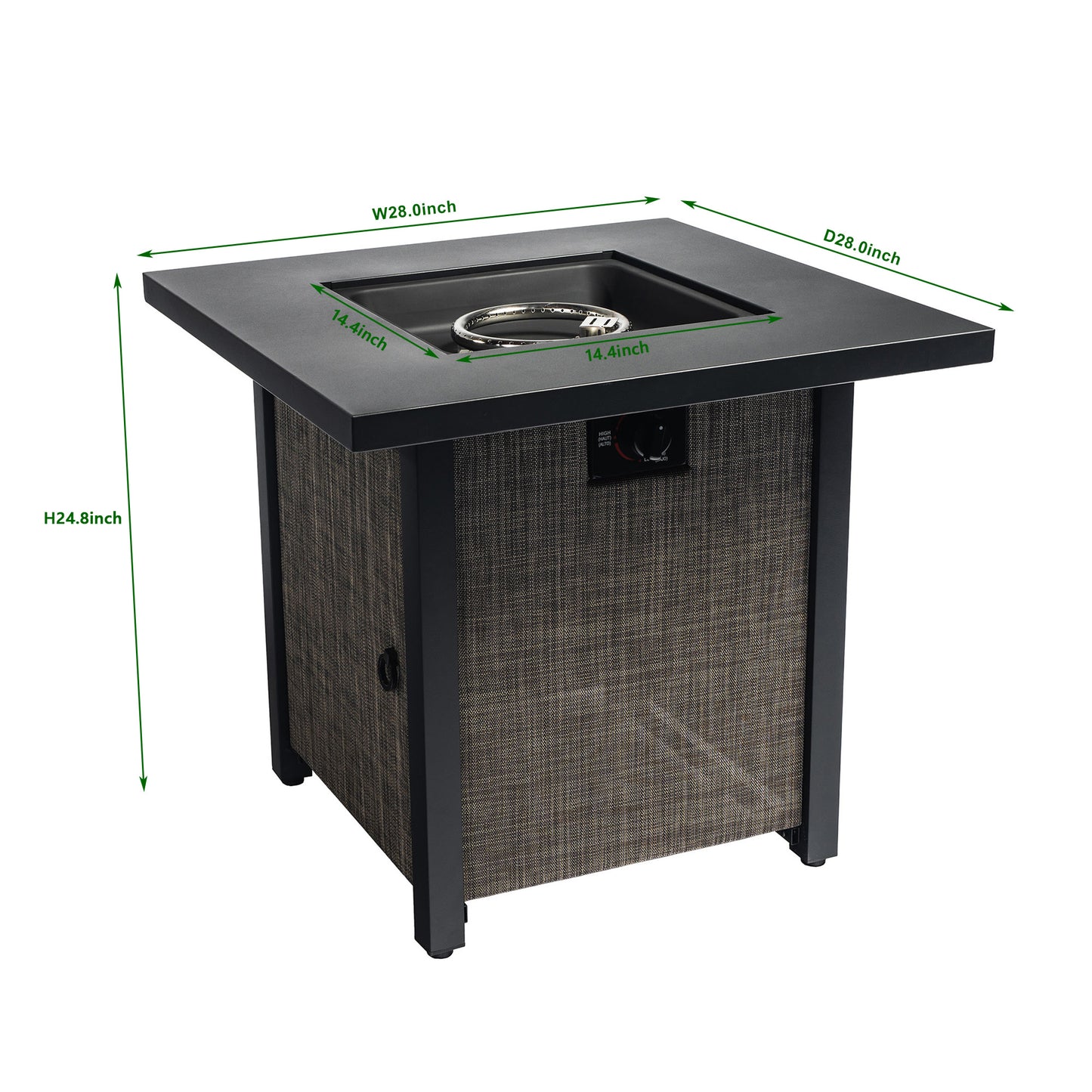 Square Propane Fire Pit Table with Textilene Side Panel, Steel Lid and Rocks, 40,000 BTU (28" x 28" x 24.8")