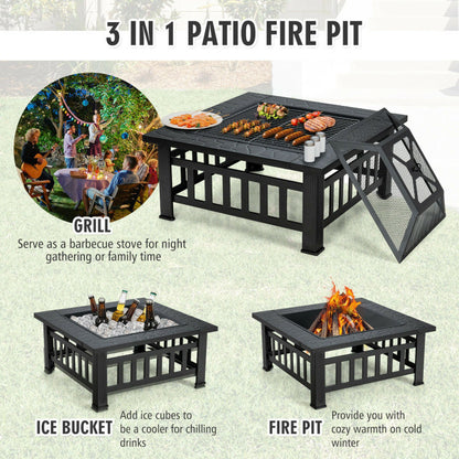 3 in 1 Outdoor Square Fire Pit Table with BBQ Grill and Rain Cover for Camping (32" x 32" x 19.5")