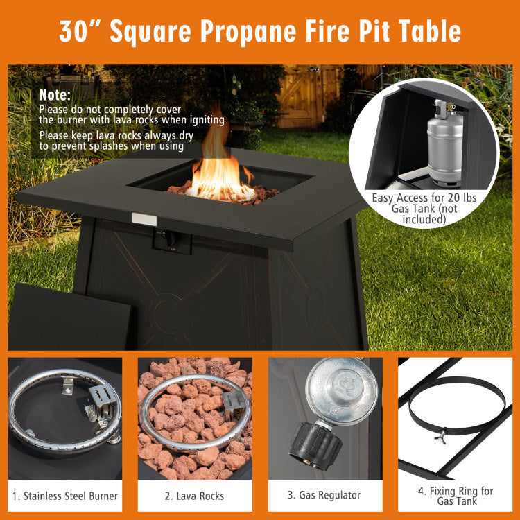 Square Propane, Black, Gas Fire Pit Table, 50,000 BTU, Steel Frame (30" x 30" x 25")