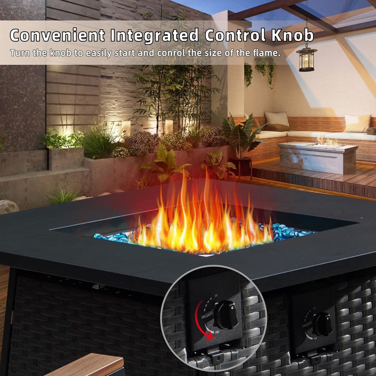 Square Propane Fire Pit Table with Blue Glass Rocks, 50,000 BTU, Wicker, Dark Gray (31.89" x 31.89" x 24.41")