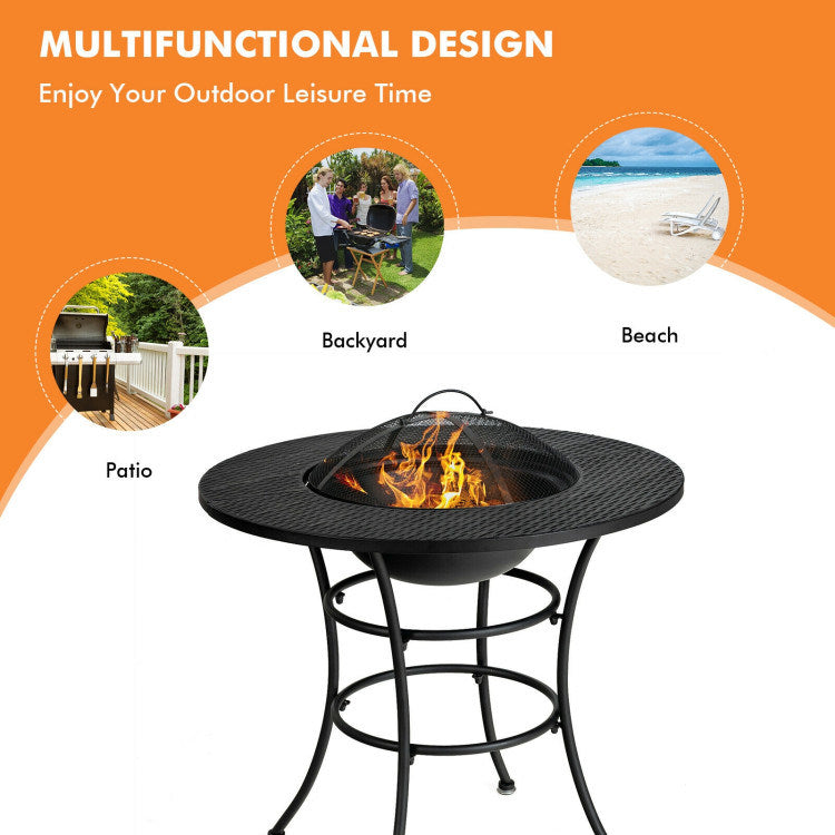 31.5" 4-in-1 Portable Cooking Fire Pit with Round Dining Table, BBQ Grill & Ice Bucket