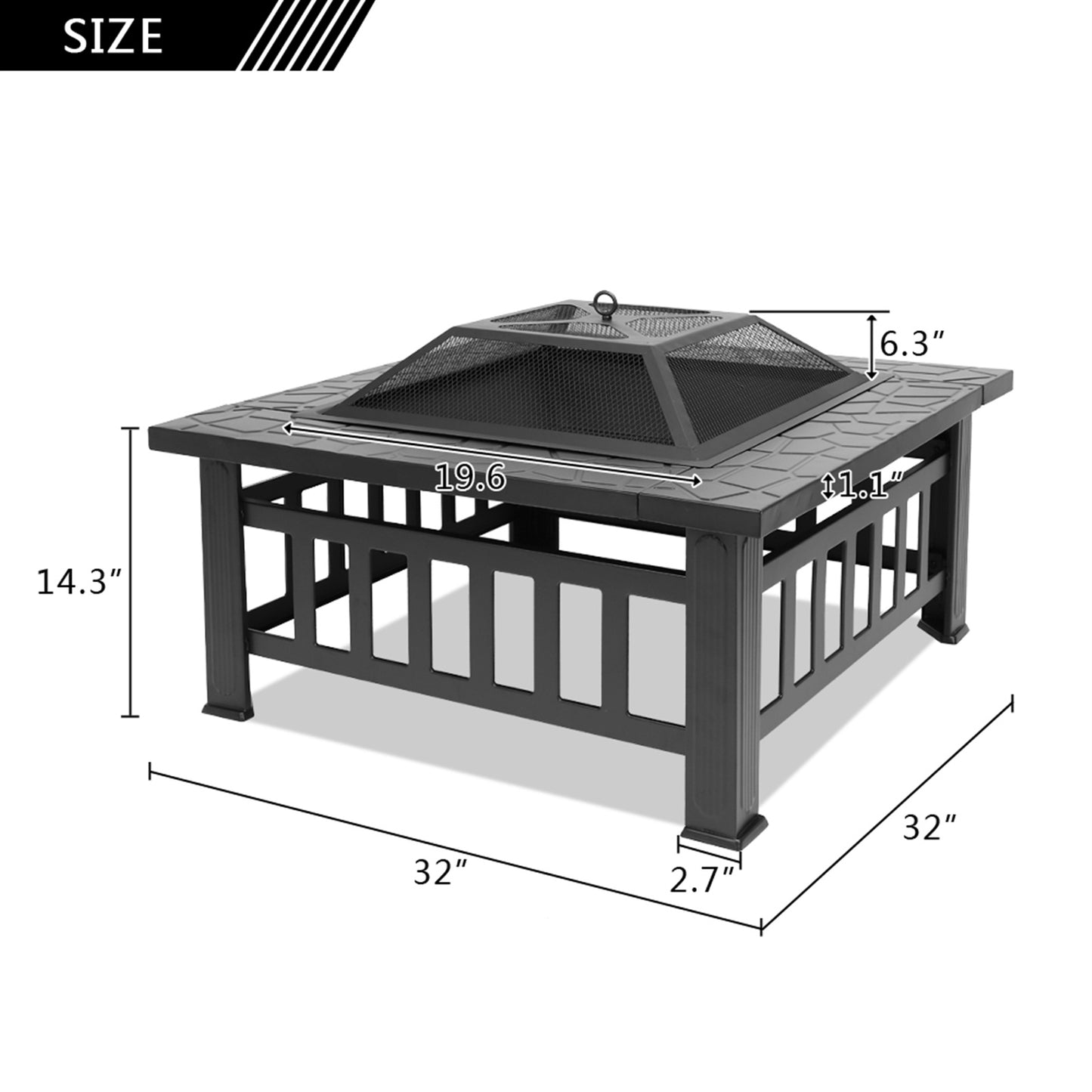 Square, Black, Courtyard Metal Fire Pit Table with Accessories (32" x 32" x 17")