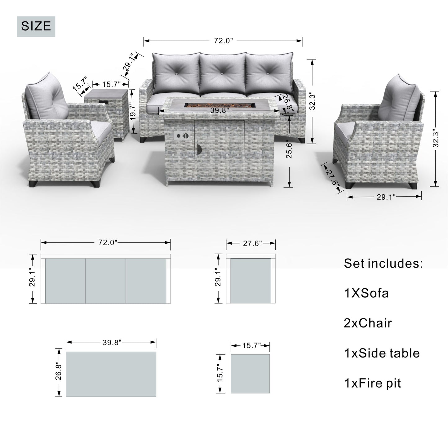 5-Piece Wicker Patio Fire Pit Seating Set with Sectional Sofa & Gray Cushions