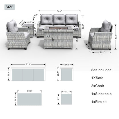 5-Piece Wicker Patio Fire Pit Seating Set with Sectional Sofa & Gray Cushions