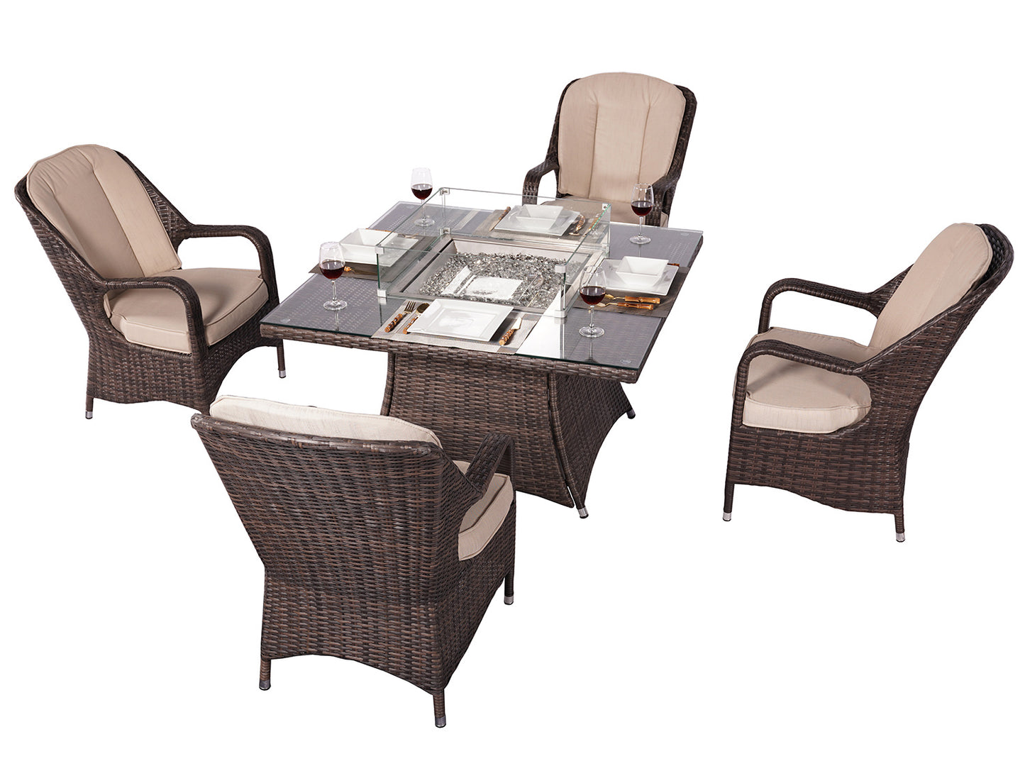 5 Piece Rattan Gas Firepit Dining Set with Eton Chairs