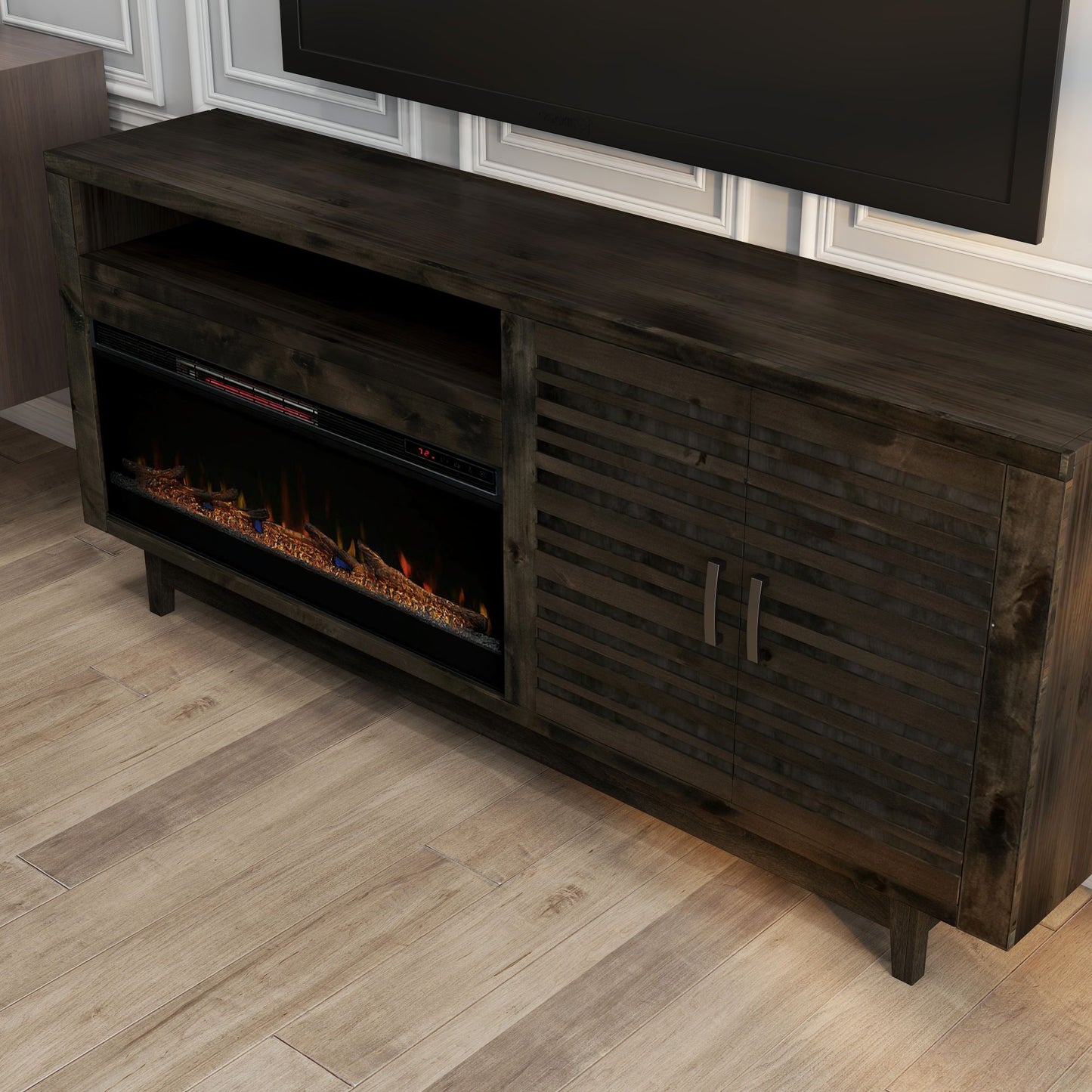 83" Electric Fireplace Center, Charcoal-Brown Finish, Fits TVs up to 95 Inches