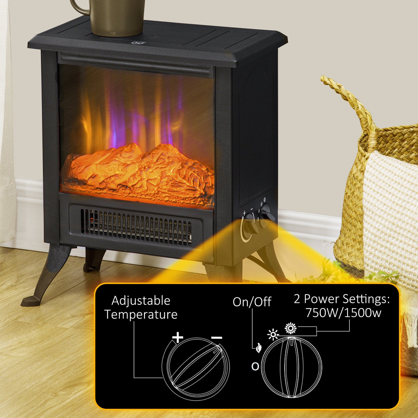 17" Electric Fireplace Stove with Two Heating Modes, Realistic Logs, LED Flame, Black